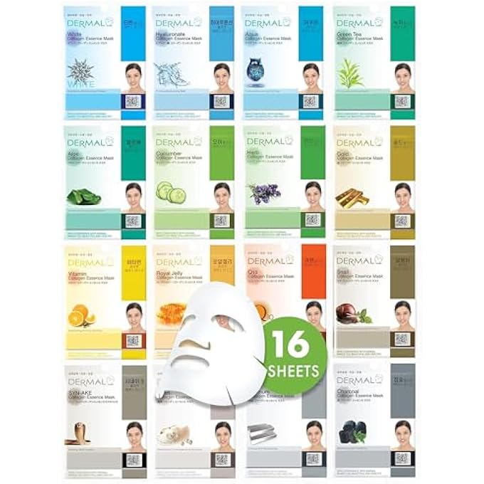 DERMAL KOREA COLLAGEN ESSENCE FULL FACE FACIAL MASK SHEET, 16 COMBO PACK - Image 1